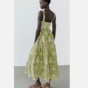 Zara | Dresses | Zara Ss24 Openwork Embroidered Midi Dress Green
